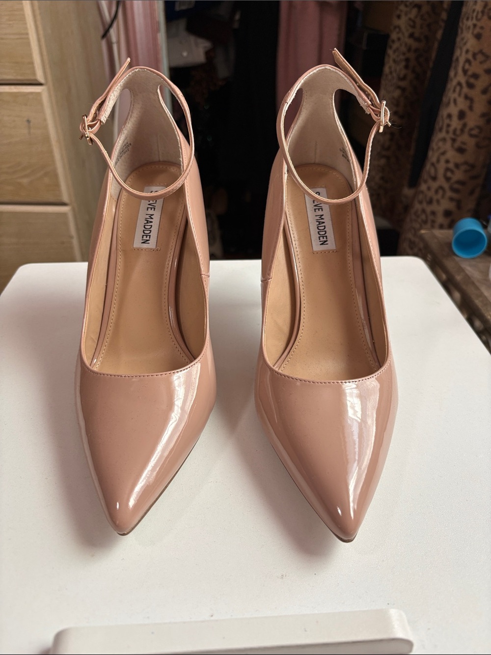 Steve Madden Vayda Patent Pointed-Toe Ankle-Strap Heels in Nude Blush